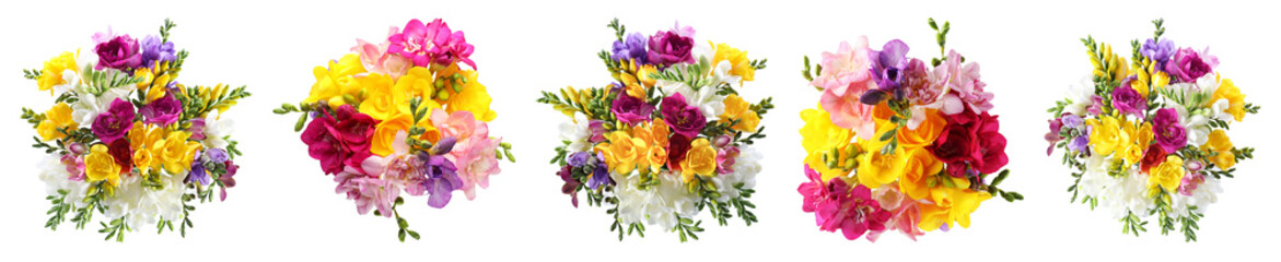 Fototapeta premium Bouquets of bright freesia flowers isolated on white, set