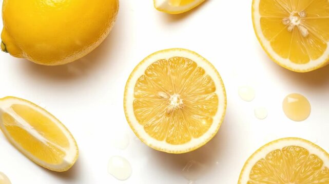 A vibrant arrangement of whole and halved citrus fruits with green leaves on a clean white background