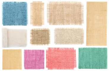Fototapeta premium Pieces of natural burlap fabric in different colors on white background, set