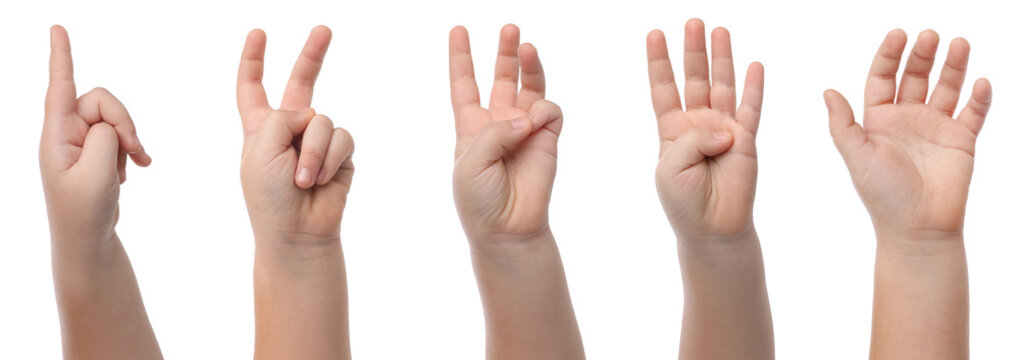 Child counting on fingers. Collage with hands showing numbers against white background