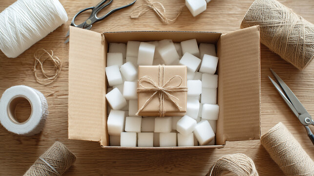 Gift wrapped box inside cardboard package with foam cubes, packaging and protection concept for shipping, e commerce delivery, and product presentation.