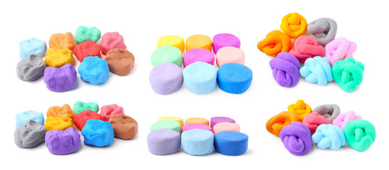Colorful play dough on white background, collage