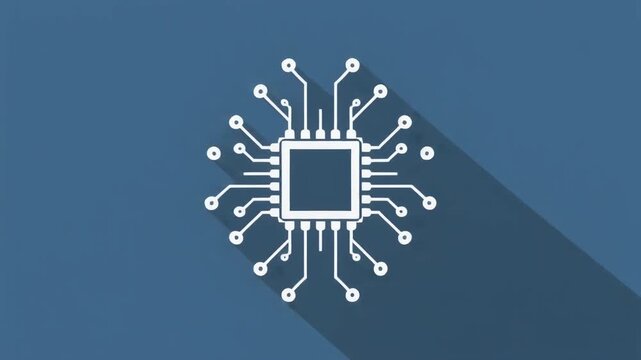 Flat design microchip icon with circuit connections and a long shadow on a blue background, symbolizing advanced digital technology, modern computing, and electronic innovation