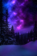 Fototapeta premium Beautiful starry sky above snowy mountains at night