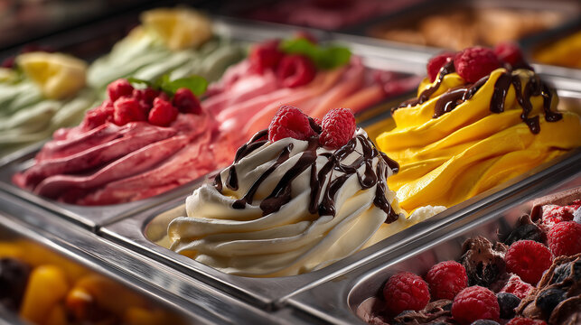 Assorted gelato flavors in display case with vibrant colors and toppings, creamy Italian dessert concept, perfect for summer treats and sweet indulgence.