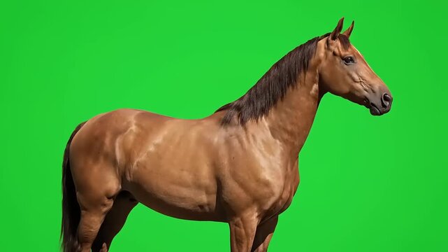 Majestic chestnut horse standing proudly against a vibrant green screen background, ready for creative integration