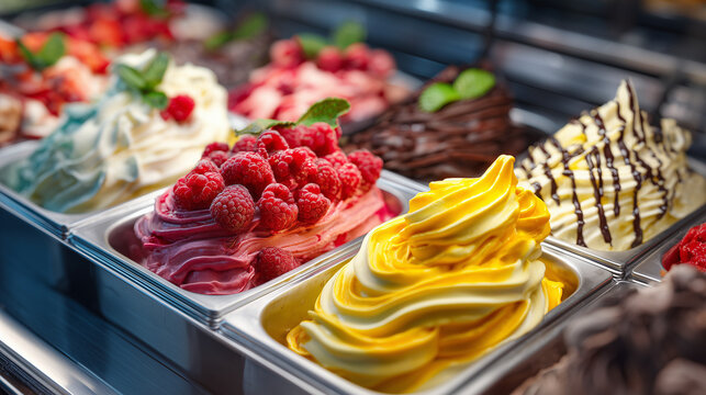 Assorted gelato flavors in display case with vibrant colors and toppings, creamy Italian dessert concept, perfect for summer treats and sweet indulgence.