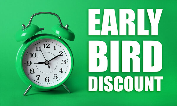 Early bird discount poster with alarm clock on green background. Banner design