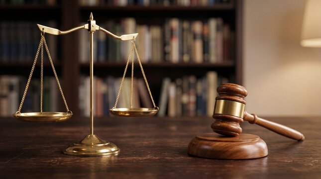 A gavel and scales of justice sit on a desk in a lawyer's office with a bookshelf in the background.
