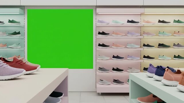 Modern shoe store interior with colorful sneakers displayed on shelves and tables.