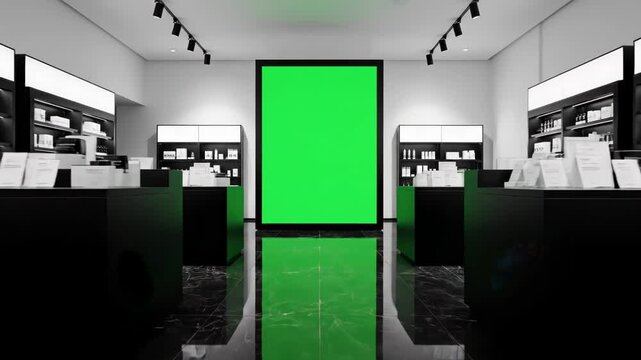 Modern office interior with large green screen display and reflective floor.
