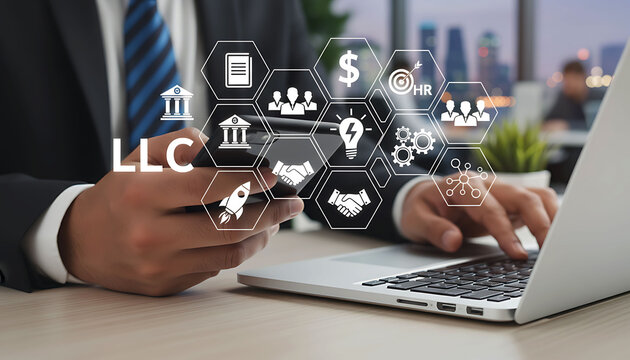 Business professional working on laptop and phone with LLC business icons