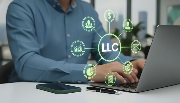 Business Entrepreneur Starting Limited Liability Company LLC Using Laptop At Office