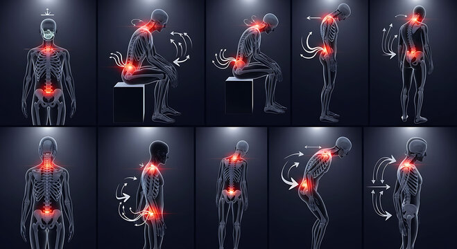 Human skeleton showing back pain and neck inflammation from poor posture and sitting