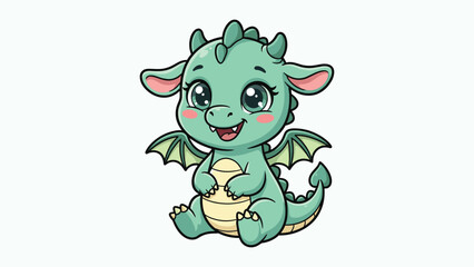 Fototapeta premium Cute Smiling Green Baby Dragon Character Sitting Happy