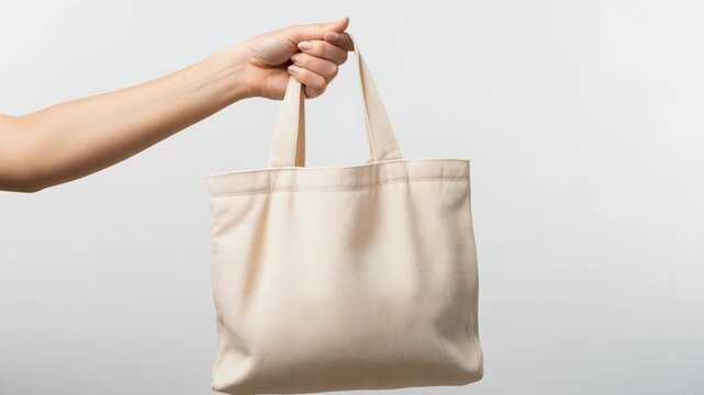 A person's arm holding a simple, beige, canvas tote bag by its handles
