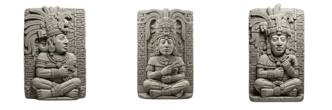 Three ancient Mayan or Aztec stone relief carvings of deities isolated on white background for history