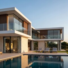 Fototapeta premium Modern luxury two-story villa with large glass windows, a stone facade, and a swimming pool reflecting the evening sky at sunset