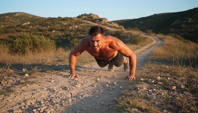 A shirtless man doing push-ups on a dirt path in a natural outdoor setting with hills and clear sky