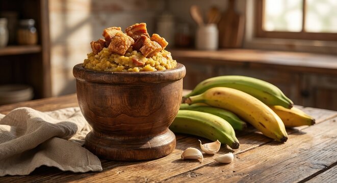 Traditional Dominican mofongo made of mashed plantains with garlic and crispy pork rinds chicharron.