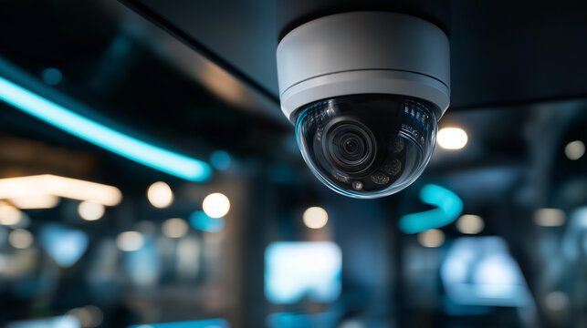 Modern security camera installed on a dark ceiling with neon ambient lighting in a futuristic facility setting. Defocused neon background. Futuristic surveillance, ceiling camera,