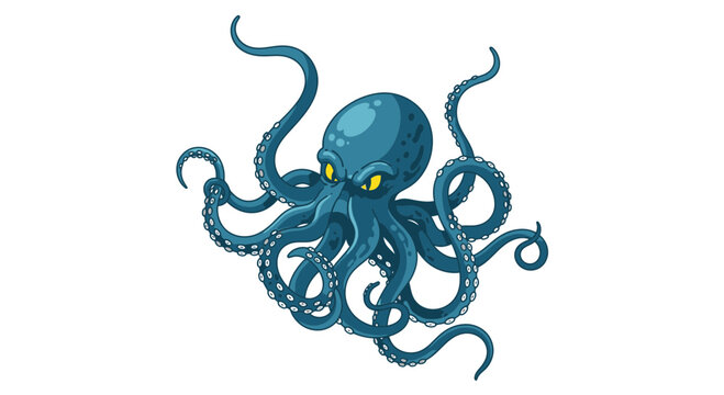 Blue octopus with yellow eyes underwater.