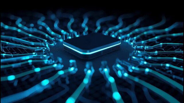 Glowing microchip center with radial circuit traces and neon blue motherboard processor