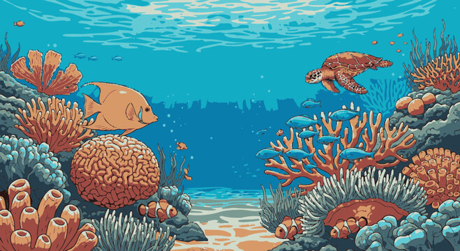 Colorful coral reef with fish swimming.