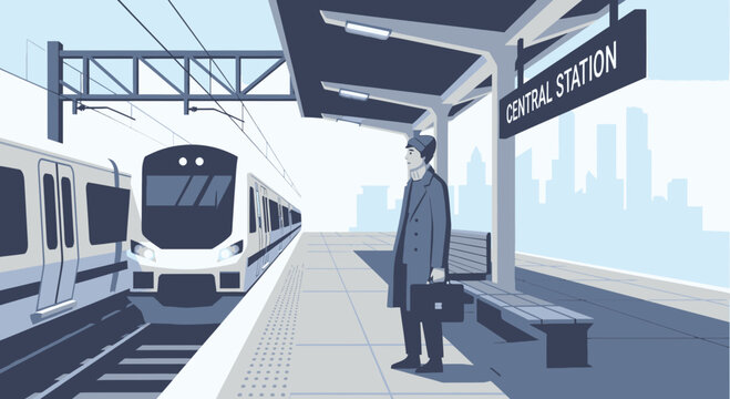 Man waiting at train station platform.