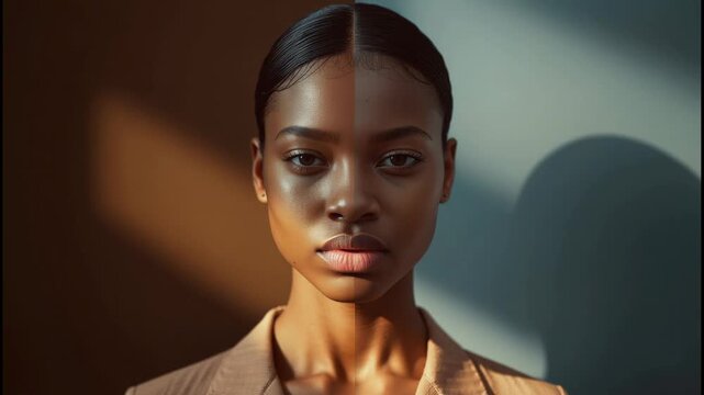 Young black woman portrait split lighting face with warm and cool tones confident elegant contrast