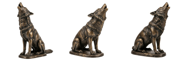 Set of powerful bronze wolf sculptures in howling pose with detailed fur isolated on white background © Ibrar