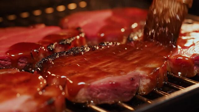 Close up slow motion video of delicious char siu pork being basted with sweet glaze on a hot grill