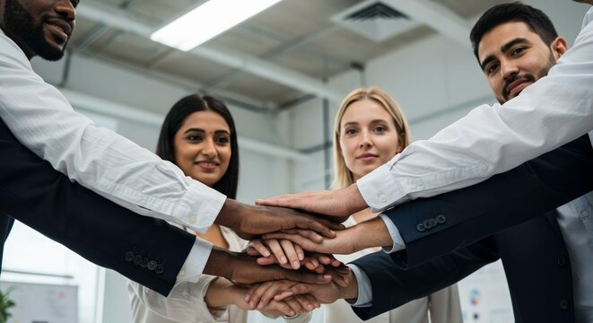 Diverse business team stacking hands.