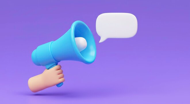 Hand holding blue megaphone speaking.