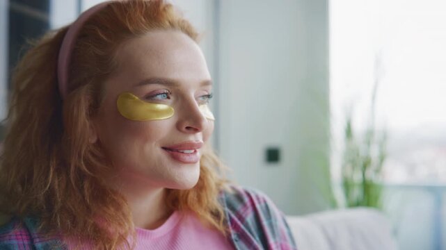 Pregnant Woman sits by window with yellow eye patches on her face while looking outside, enjoying a moment of self-care during the day