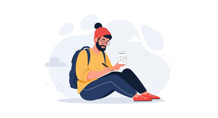 Obraz premium Man with backpack writing in notebook, planning trip, digital nomad lifestyle