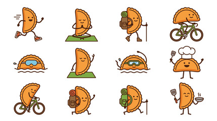 Obraz premium Cute empanadas mascot character vector set engaging in sports and activities like running, cycling, hiking, swimming, yoga, and cooking for funny food cartoon design illustration.