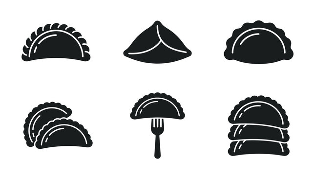 Traditional empanadas solid black silhouette vector icon set featuring various pastry shapes, crimped edges, stacked dumplings, and pie on a fork for menu graphic design elements.