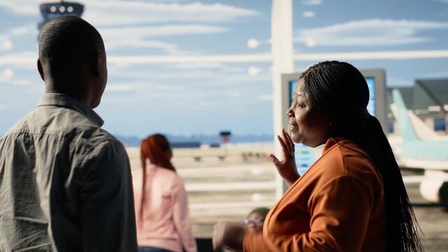Emotional airport farewell with parents saying goodbye to teen daughter, child leaving to study abroad at university. Young traveler with luggage and passport prepares to airplane alone.