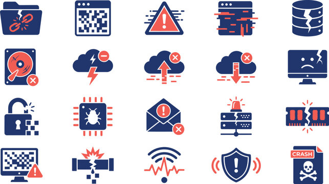 Collection of modern vector icons representing various critical technology failures and digital security threats