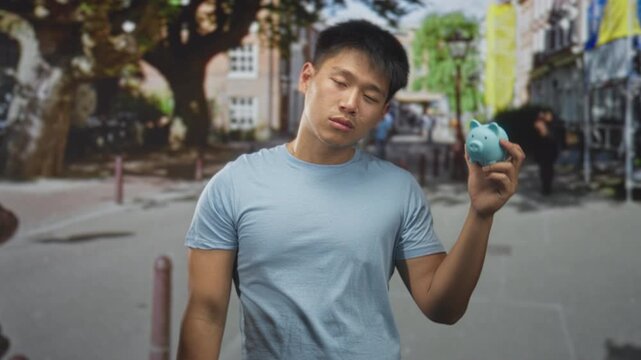 Man holding blue piggy bank in hand shaking it on street with head tilted and eyes closed; financial worry.