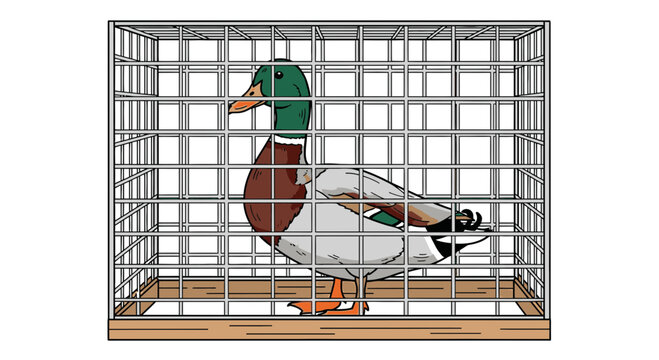 Mallard duck in a metal cage.