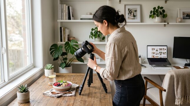 Woman adjusting camera on tripod to photograph breakfast bowl by window