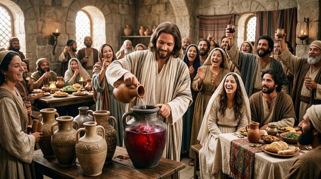 Jesus performing the miracle of turning water into wine at the Wedding at Cana, a joyful biblical feast with disciples and guests celebrating in a first-century banquet scene
