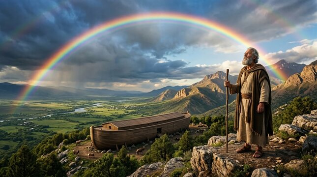 Noah overlooking his ark on a rugged mountaintop above a vast valley and river, with a vivid rainbow arching across cleared skies, signifying God's covenant and mercy.