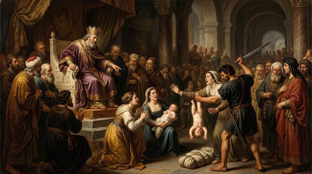 The Judgment of Solomon: King Solomon presiding over the dramatic Old Testament courtroom scene where two mothers claim an infant and wisdom decides the child's fate