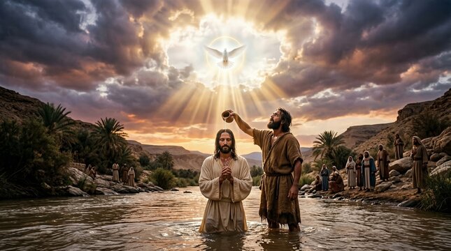 Baptism of Jesus in the River Jordan by John the Baptist, with the Holy Spirit descending as a dove amid radiant light - a pivotal New Testament scene of anointing and blessing