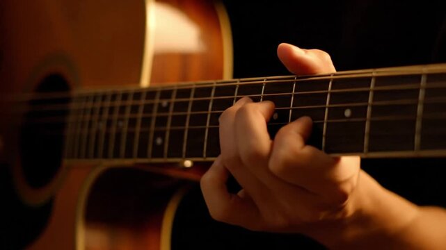 Fingers Strumming Acoustic Guitar Strings Under Warm Light Close-Up &ndash; Music Detail and Mood