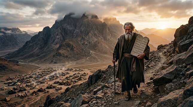 Moses descending Mount Sinai clutching the stone tablets of the Ten Commandments above a vast desert encampment at sunset, evoking the Exodus, covenant and divine law