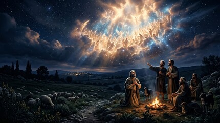 Naklejka premium Shepherds in Bethlehem at night witnessing a radiant heavenly host of angels proclaiming the nativity, a biblical scene evoking Old and New Testament stories and worship